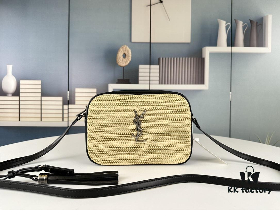 YSL Saint Laurent New Black Calfskin Woven Camera Bag with Gold-Tone Hardware