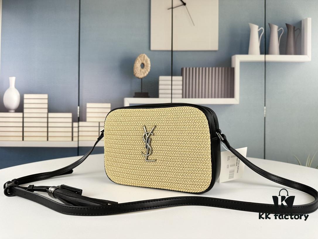 YSL Saint Laurent New Black Calfskin Woven Camera Bag with Gold-Tone Hardware