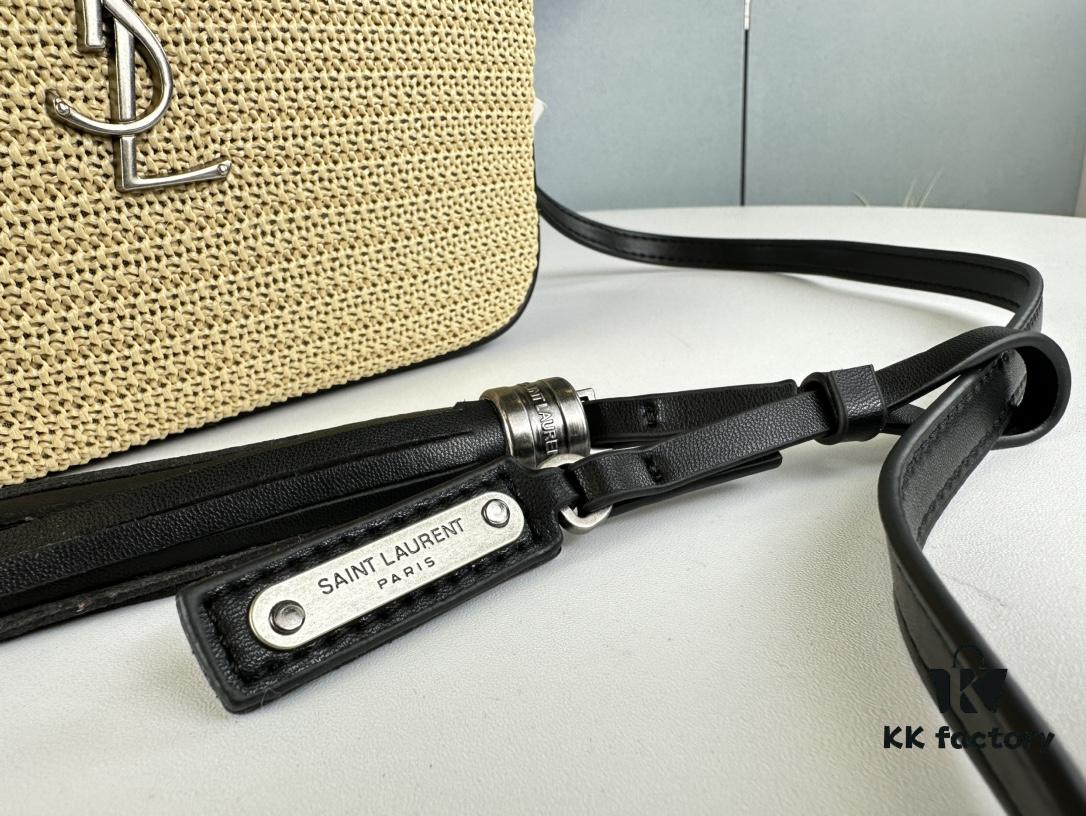 YSL Saint Laurent New Black Calfskin Woven Camera Bag with Gold-Tone Hardware