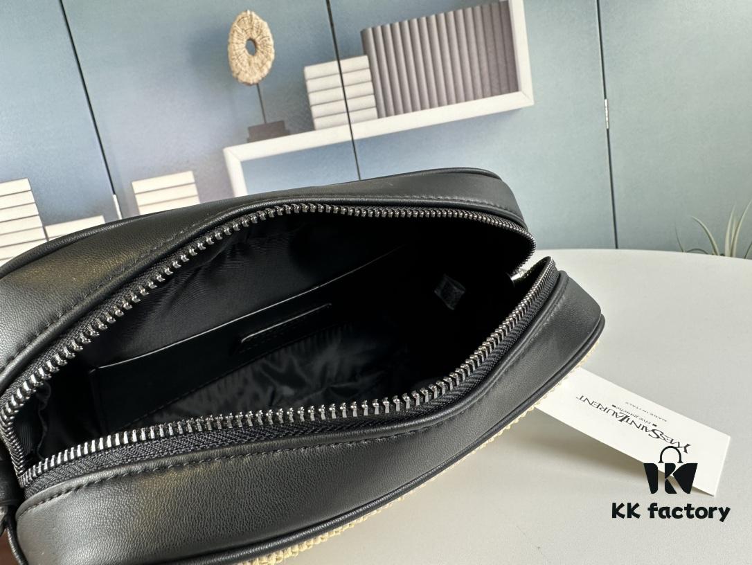 YSL Saint Laurent New Black Calfskin Woven Camera Bag with Gold-Tone Hardware