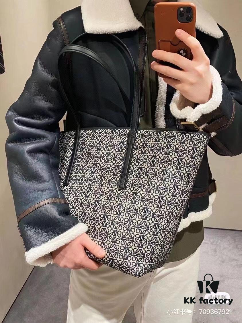 Loewe & T Tote Embroidered Jacquard Fabric with Leather — Shopping Bag