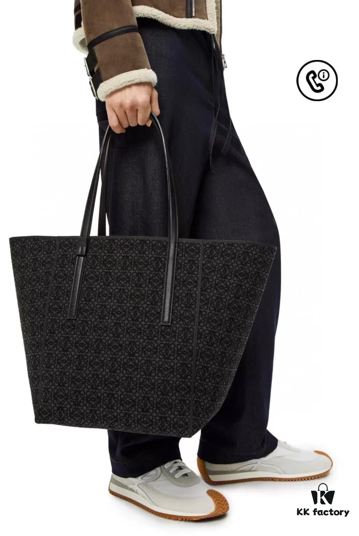 Loewe & T Tote Embroidered Jacquard Fabric with Leather — Shopping Bag