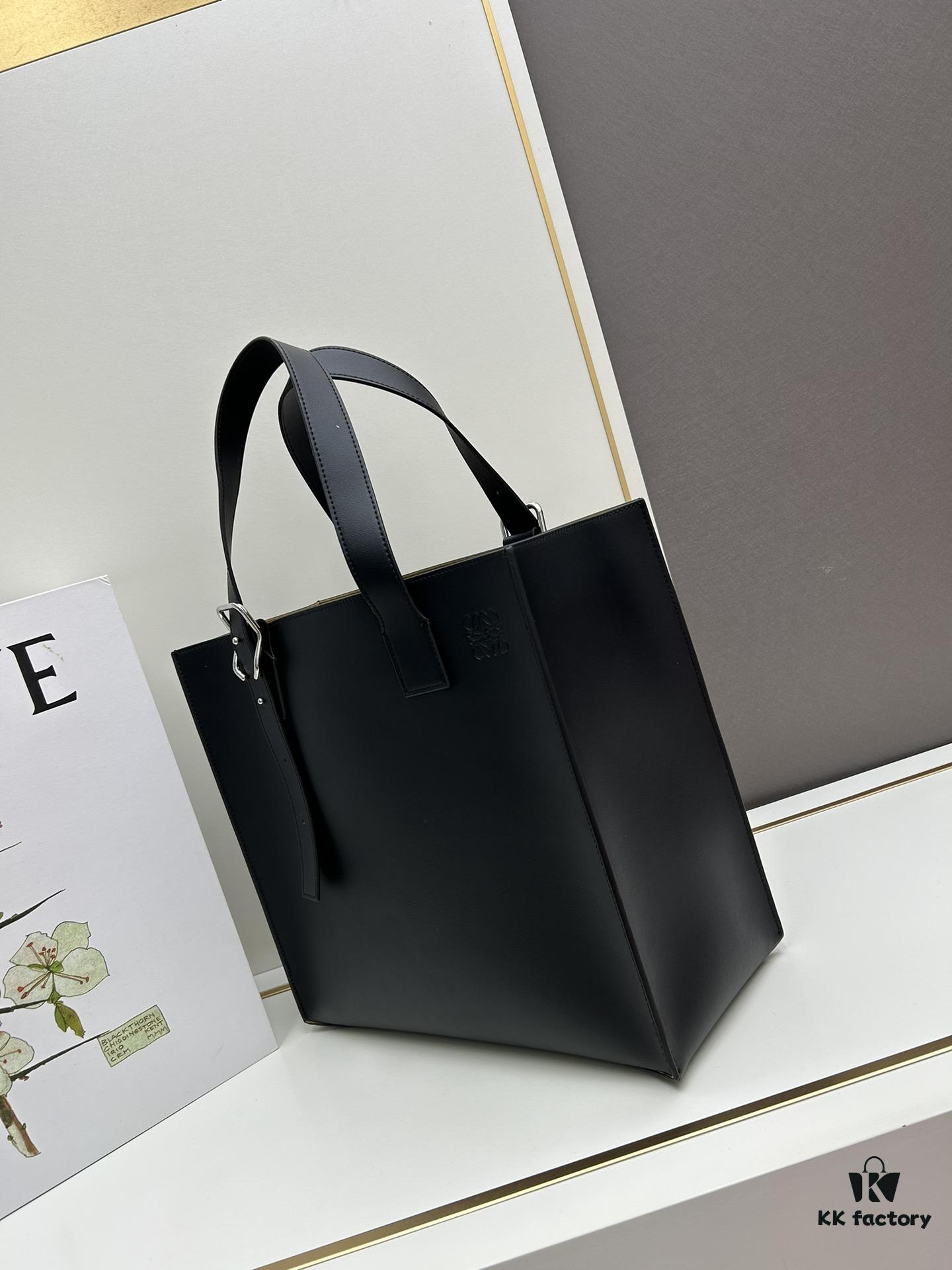 Loewe Buckle Tote Without Zip, Deep Gray Crinkled Texture Handbag, Men's Gray Tote Bag Model 3050