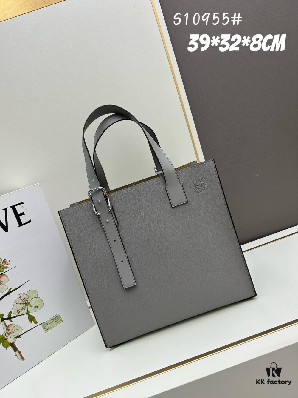 Loewe Buckle Tote Without Zip, Deep Grey Veined Calfskin Handbag for Men, Model 3050