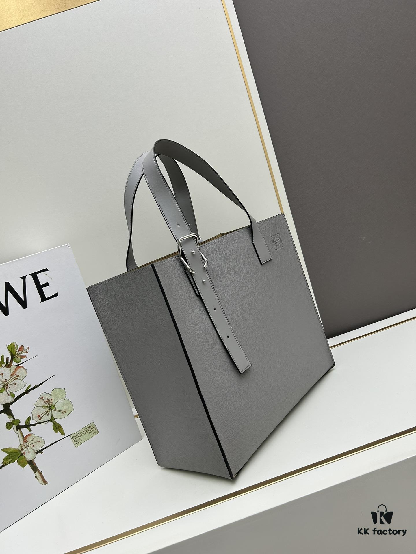 Loewe Buckle Tote Without Zip, Deep Grey Veined Calfskin Handbag for Men, Model 3050