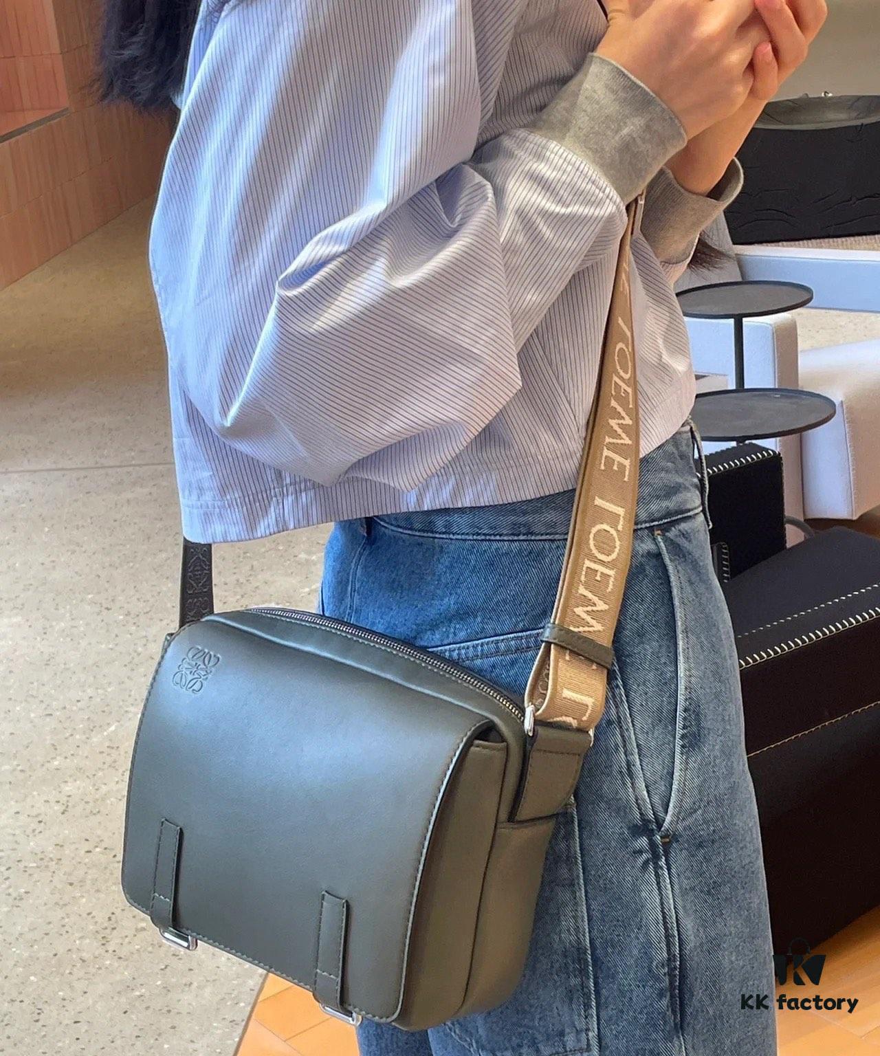 Loewe New Soft Smooth Calfskin Leather and Jacquard Fabric Military Messenger Bag for Men