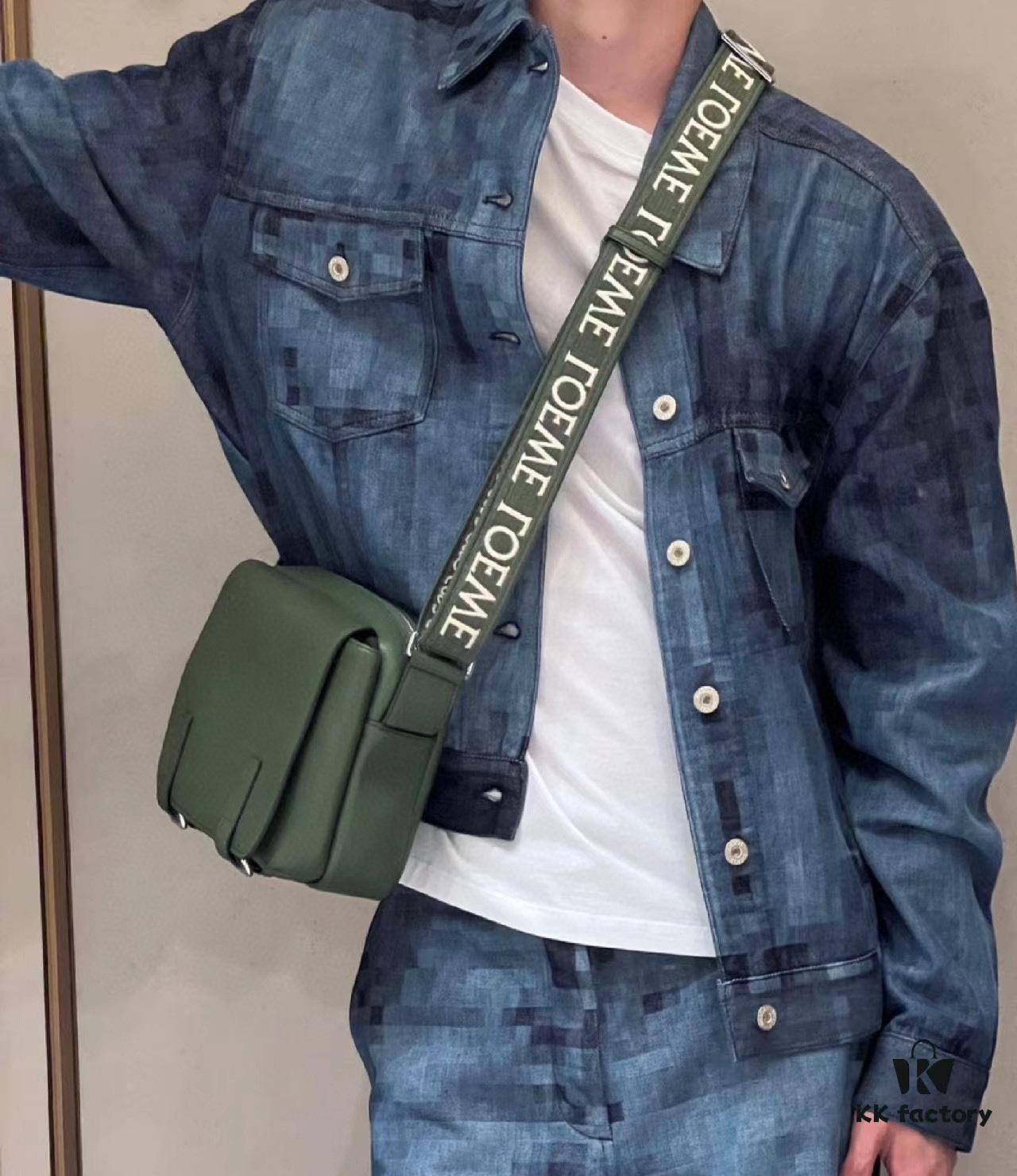 Loewe New Soft Smooth Cowhide Leather and Jacquard Fabric Military Messenger Bag for Men