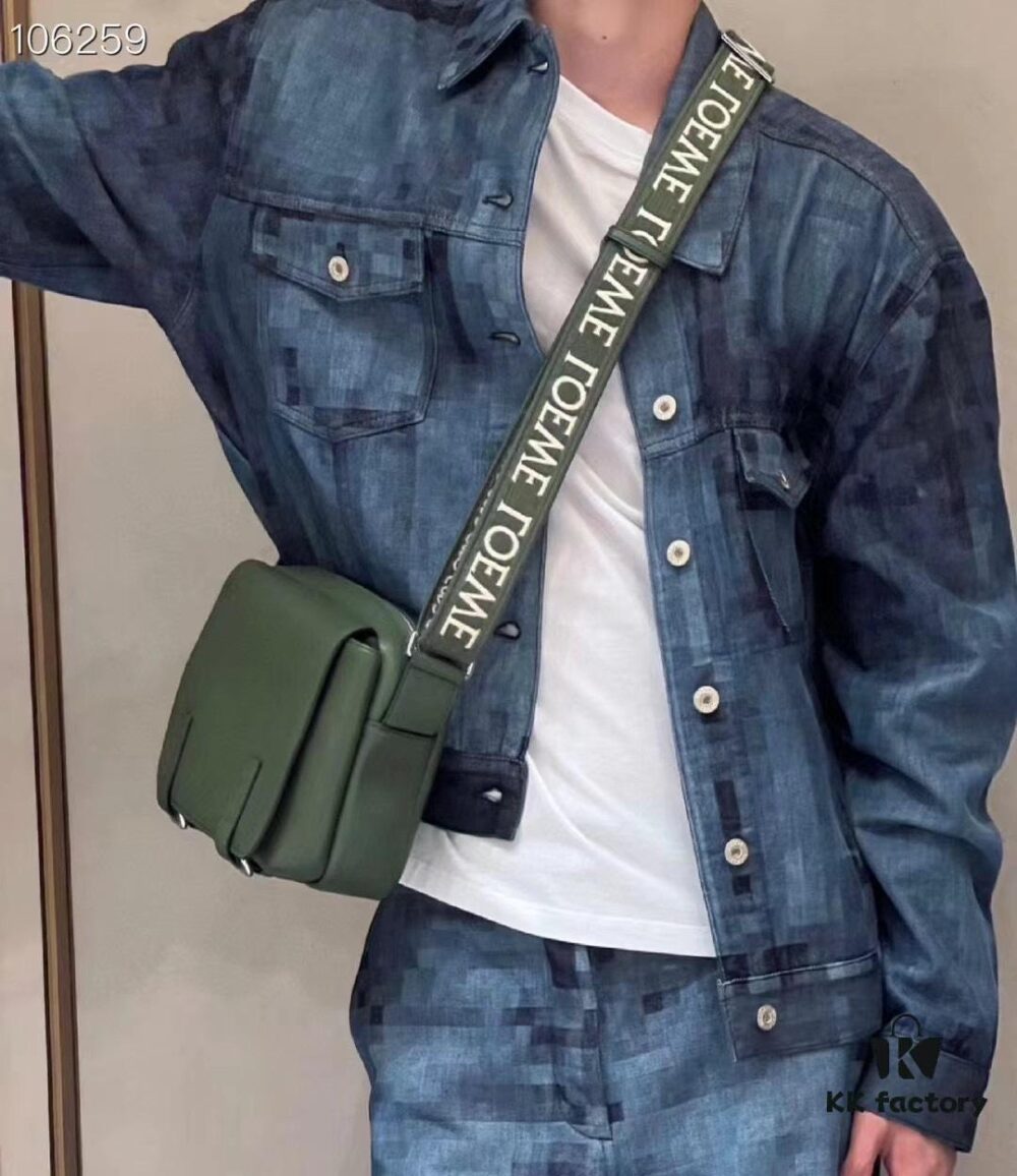 Loewe New Soft Smooth Cowhide Leather and Jacquard Fabric Military Messenger Bag for Men