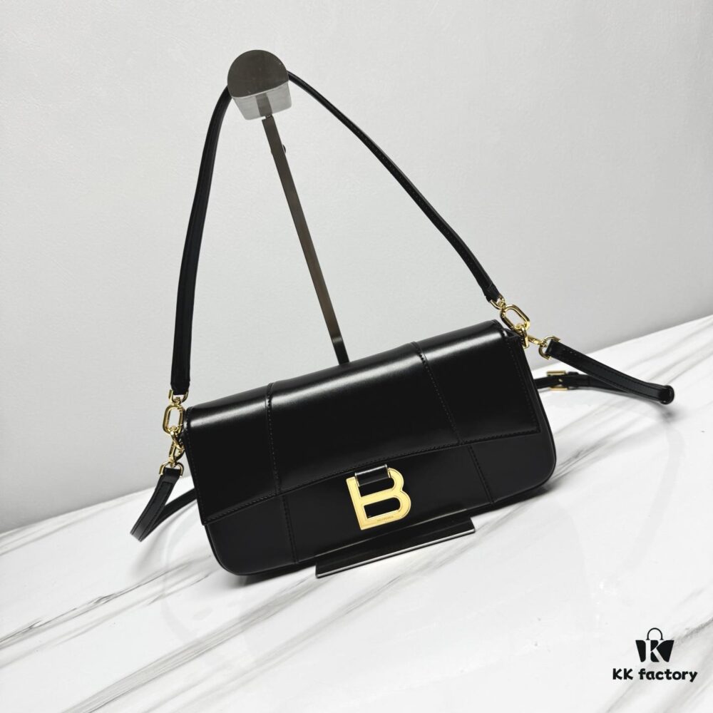 Hot Selling Genuine BALENCIAGA Hourglass Crossbody Bag in Black and Gold Plain Texture - Large Size