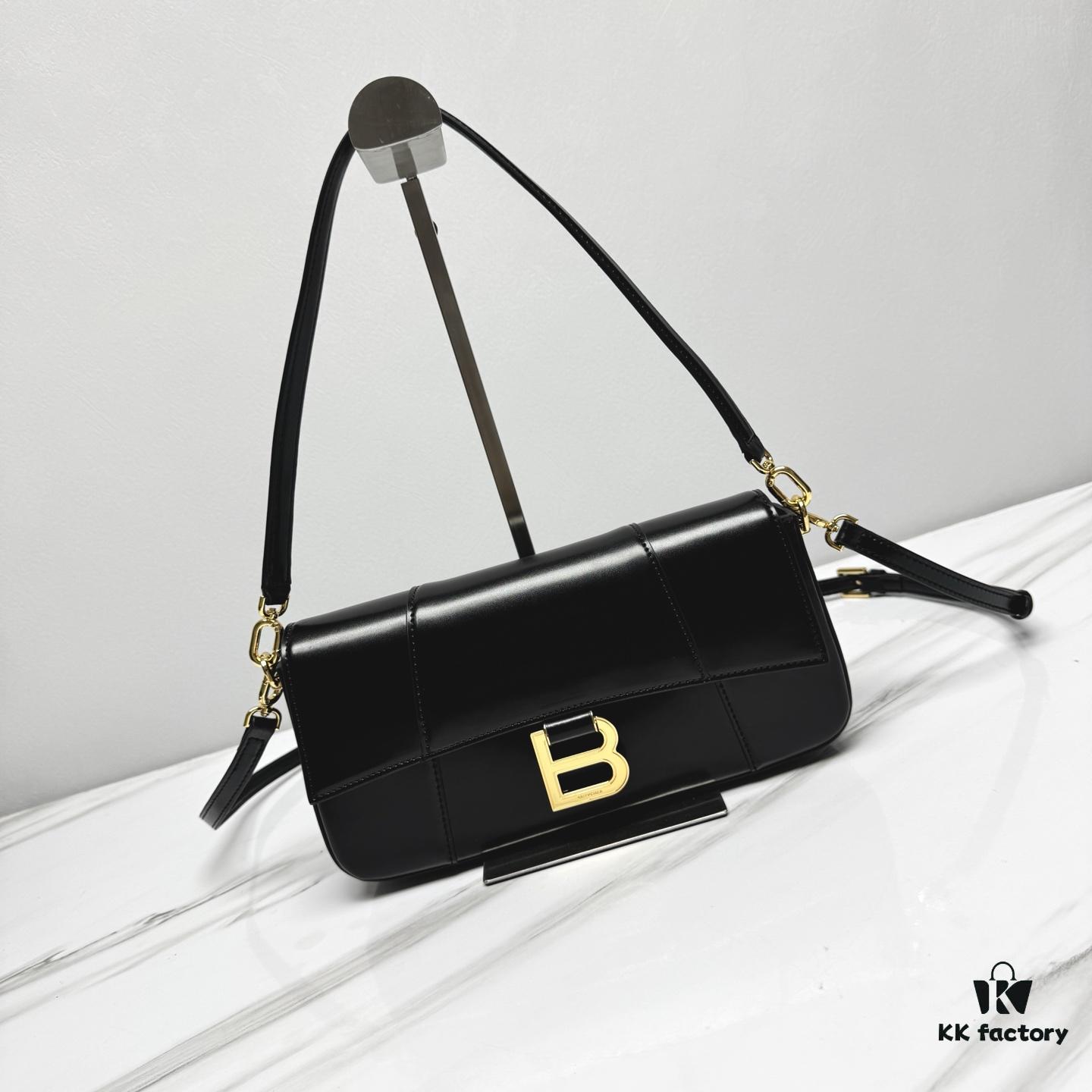Hot Selling Genuine BALENCIAGA Hourglass Crossbody Bag in Black and Gold Plain Texture - Large Size