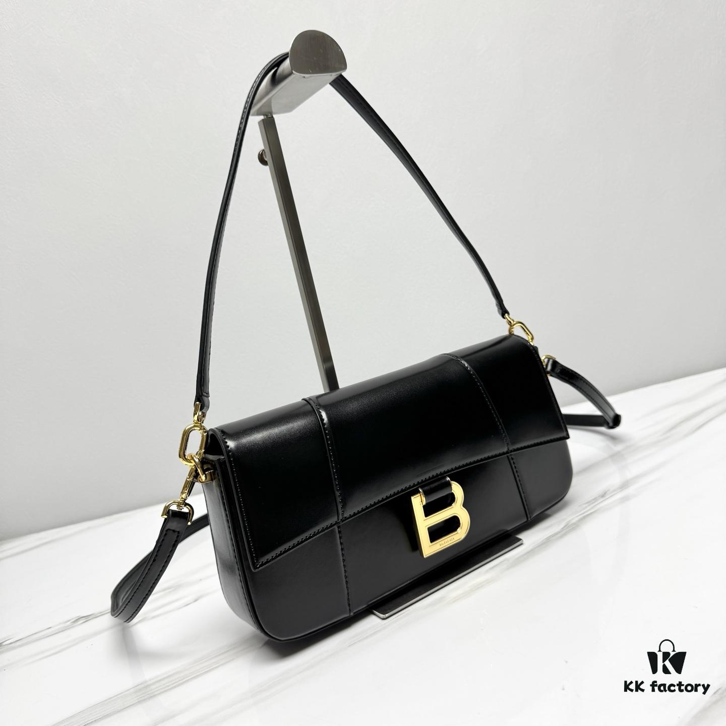 Hot Selling Genuine BALENCIAGA Hourglass Crossbody Bag in Black and Gold Plain Texture - Large Size
