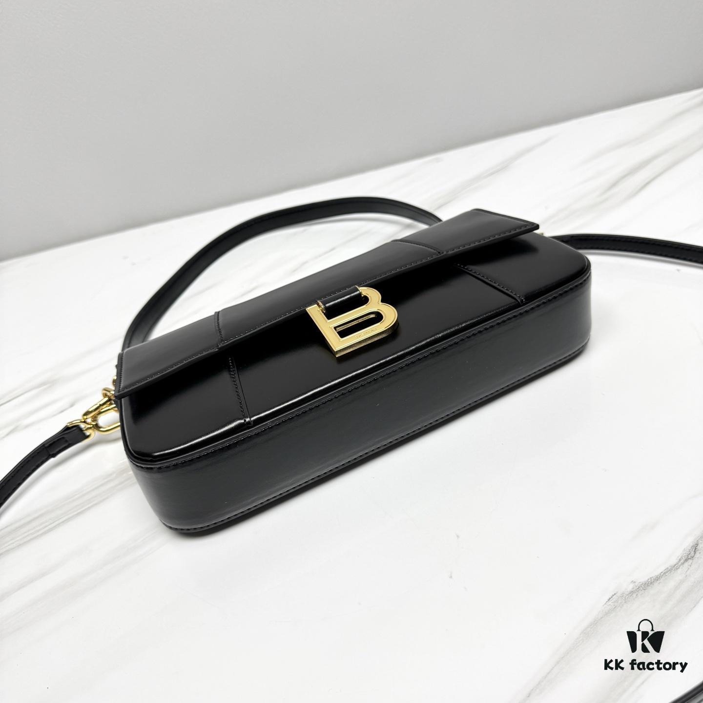Hot Selling Genuine BALENCIAGA Hourglass Crossbody Bag in Black and Gold Plain Texture - Large Size