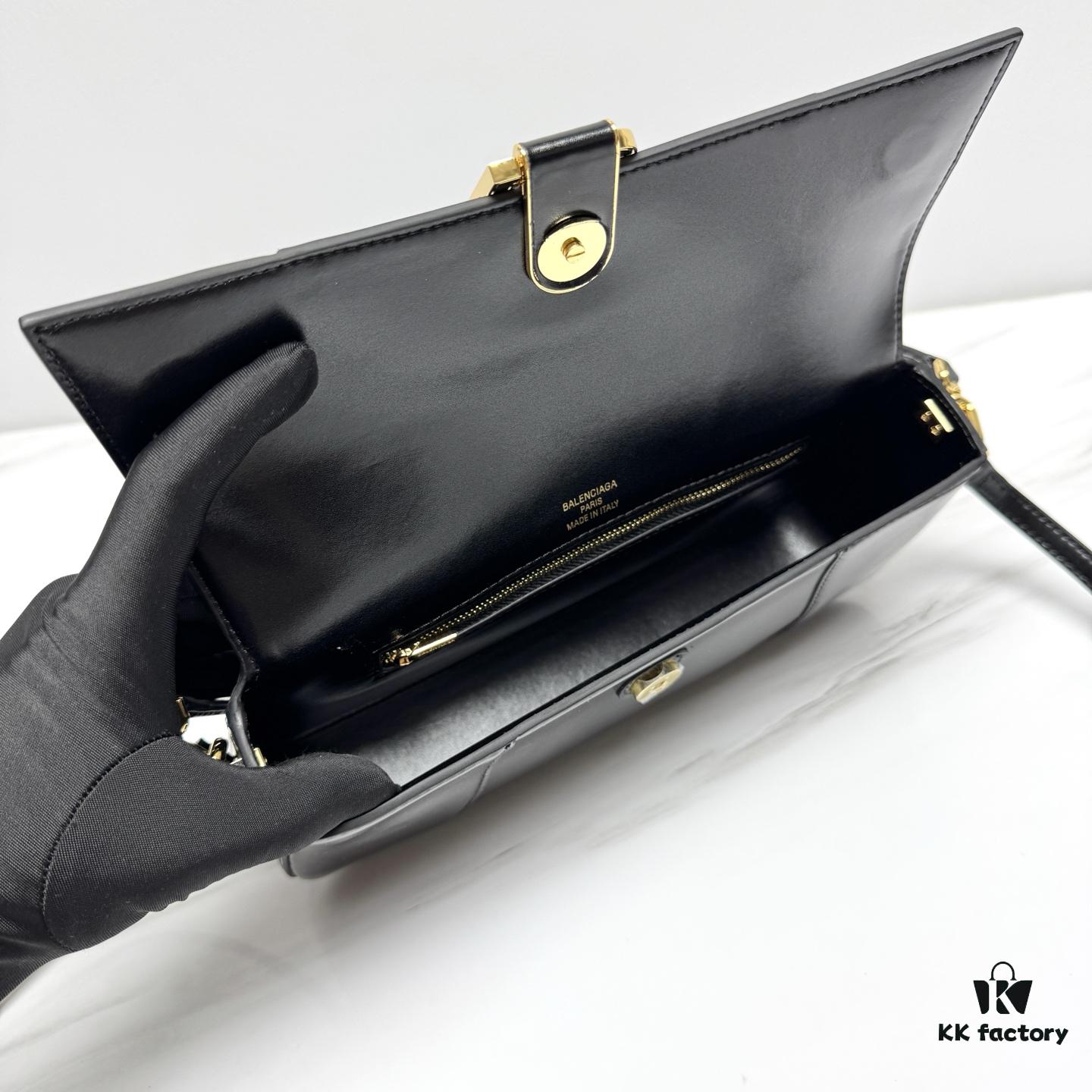 Hot Selling Genuine BALENCIAGA Hourglass Crossbody Bag in Black and Gold Plain Texture - Large Size