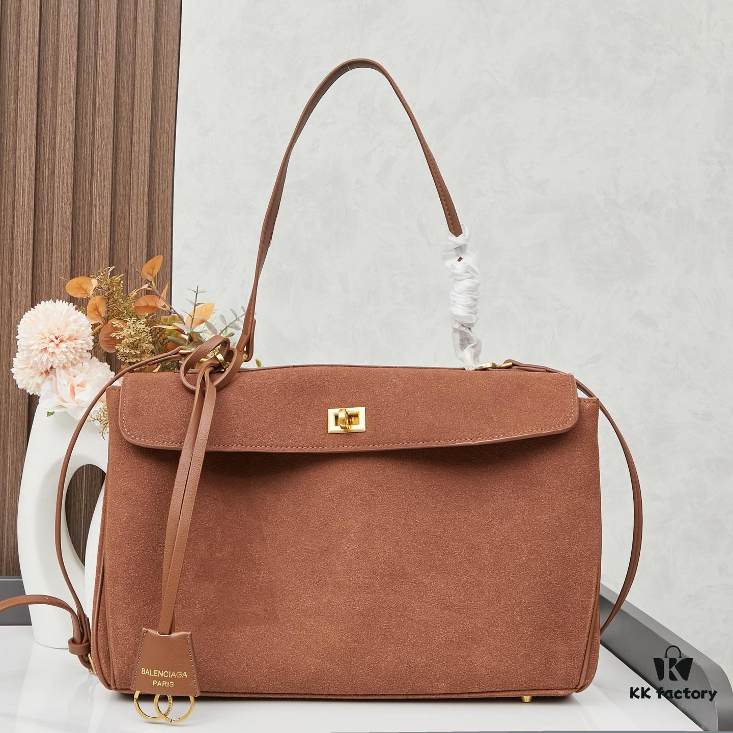 Large Matte Black BALENCIAGA Rodeo Bag with Box – Latest Model, Italian Smooth Calfskin Leather, Detachable Strap, Gold-Tone Hardware