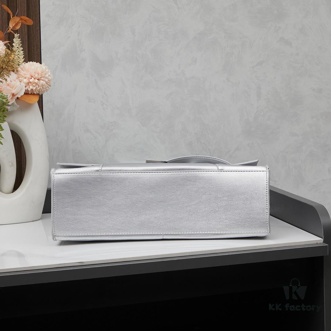 Medium Silver Buckle Bag 💰 (With Box) Balenciaga Latest Long Handle Hourglass Tote