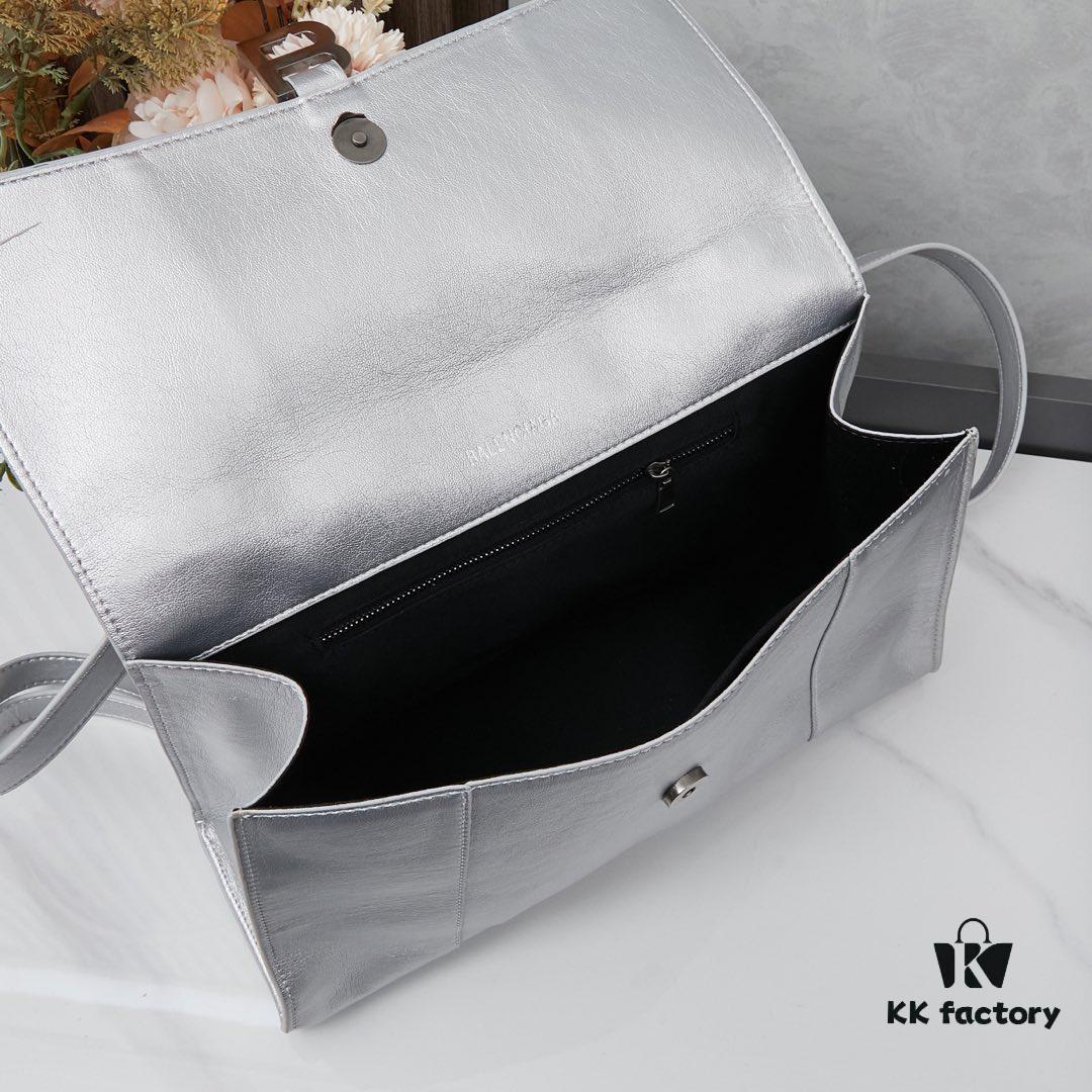 Medium Silver Buckle Bag 💰 (With Box) Balenciaga Latest Long Handle Hourglass Tote