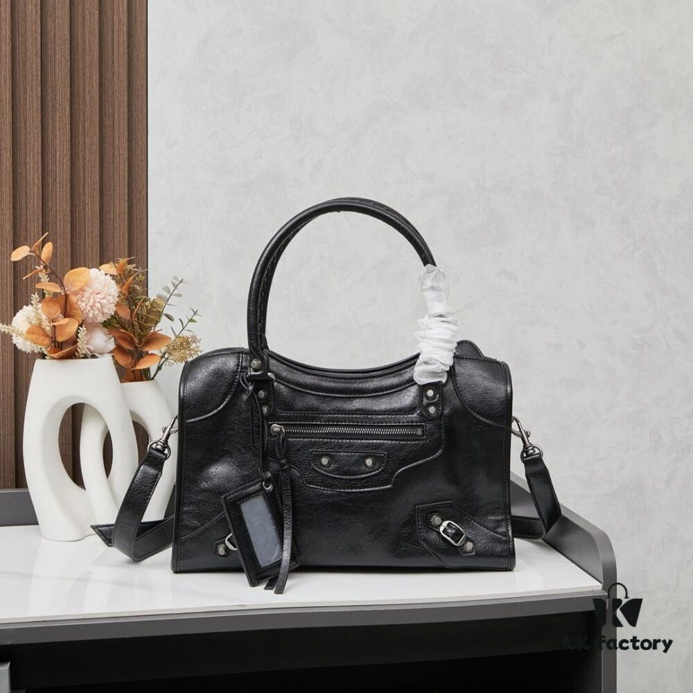 Balenciaga Motorcycle Bag in Medium Size with Silver Buckle, Includes Box