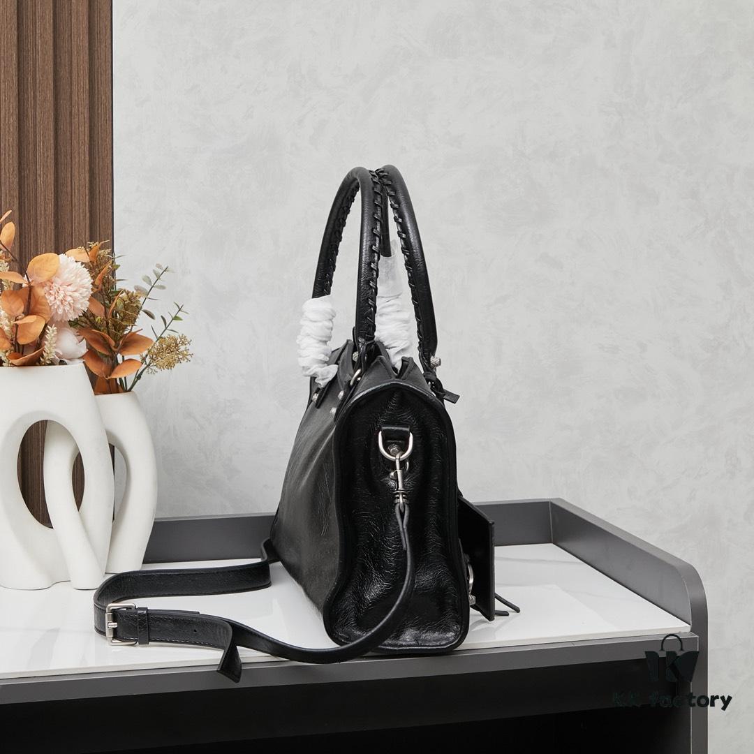 Balenciaga Motorcycle Bag in Medium Size with Silver Buckle, Includes Box