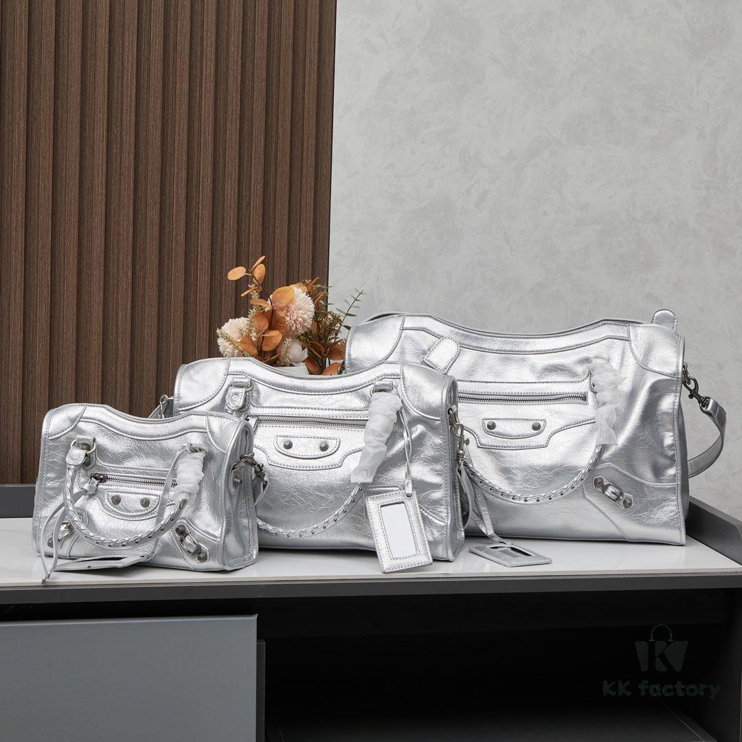 Balenciaga Motorcycle Bag Medium Size with Silver Buckle, Includes Box