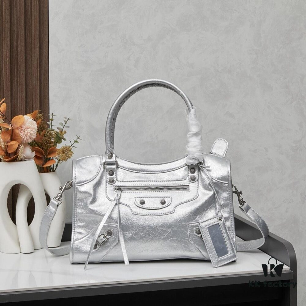 Balenciaga Motorcycle Bag Medium Size with Silver Buckle, Includes Box