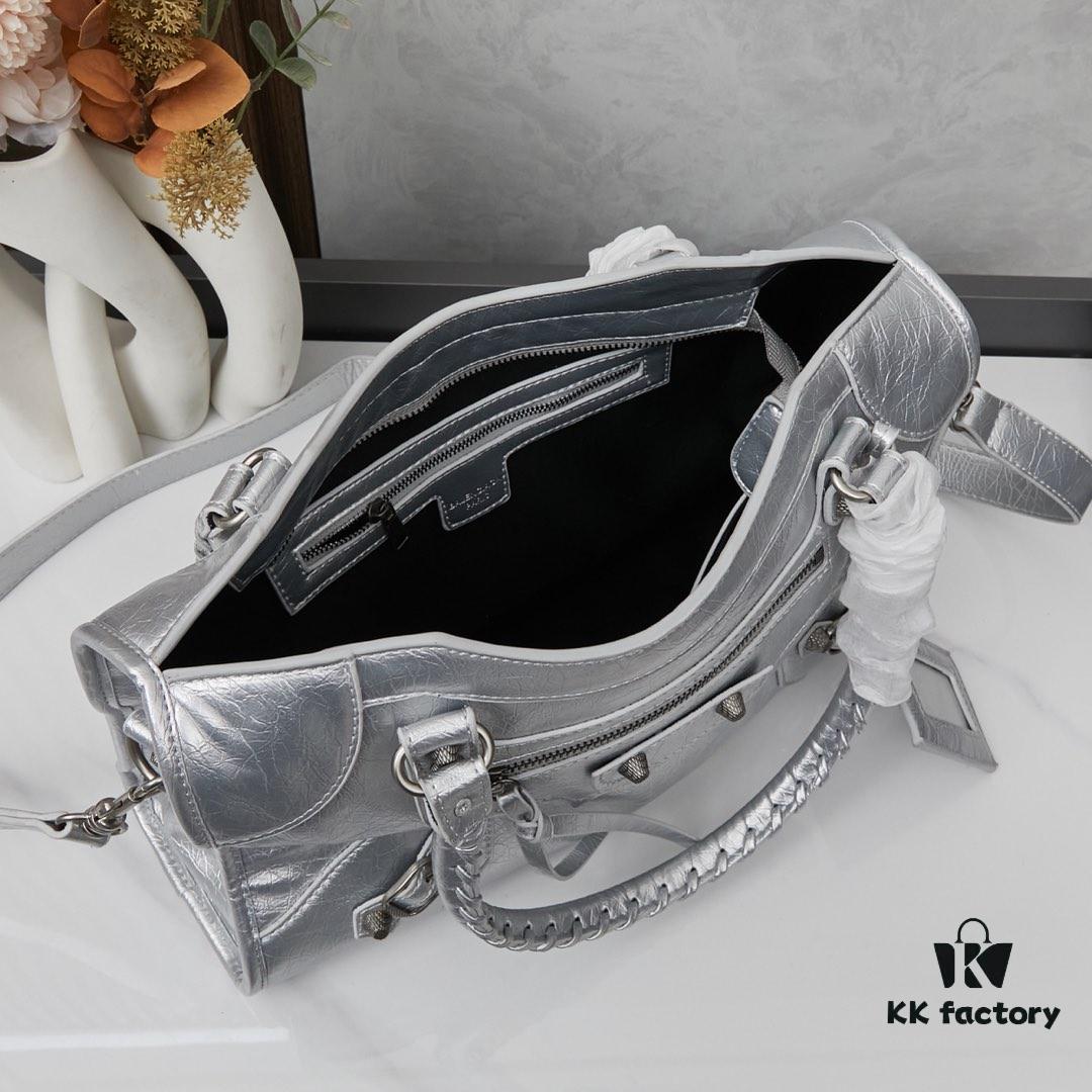 Balenciaga Motorcycle Bag Medium Size with Silver Buckle, Includes Box