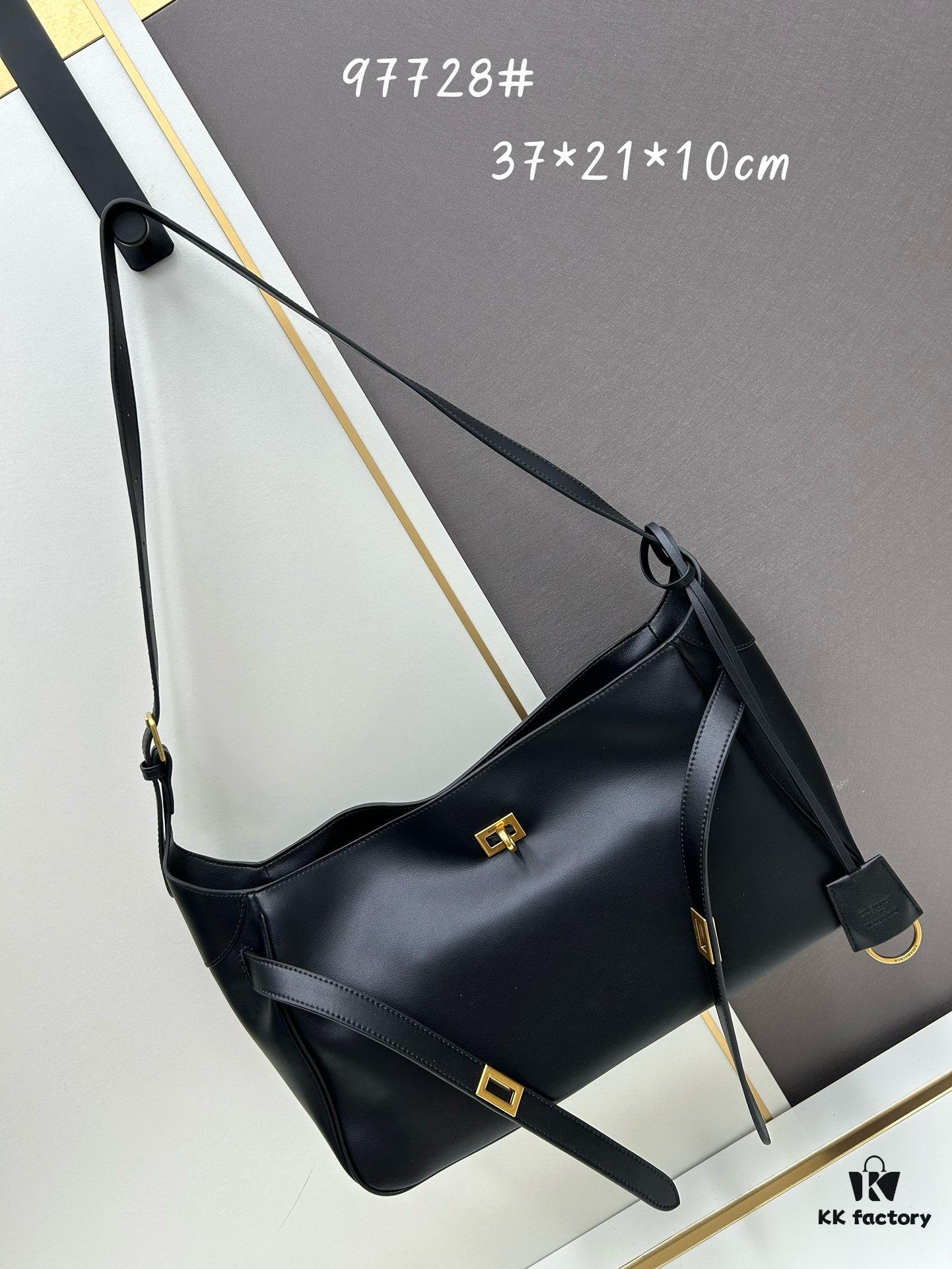 New BALENCIAGA Winter 24 Collection Re-See Shoulder Bucket Bag, Full-Grain Leather, Minimalist Luxury Design, Upcycled Motorbike Glove Handbag with Keyring Closure, Elegant and Edgy Style