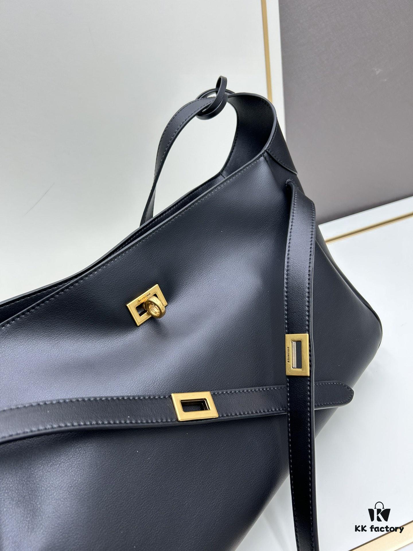 New BALENCIAGA Winter 24 Collection Re-See Shoulder Bucket Bag, Full-Grain Leather, Minimalist Luxury Design, Upcycled Motorbike Glove Handbag with Keyring Closure, Elegant and Edgy Style