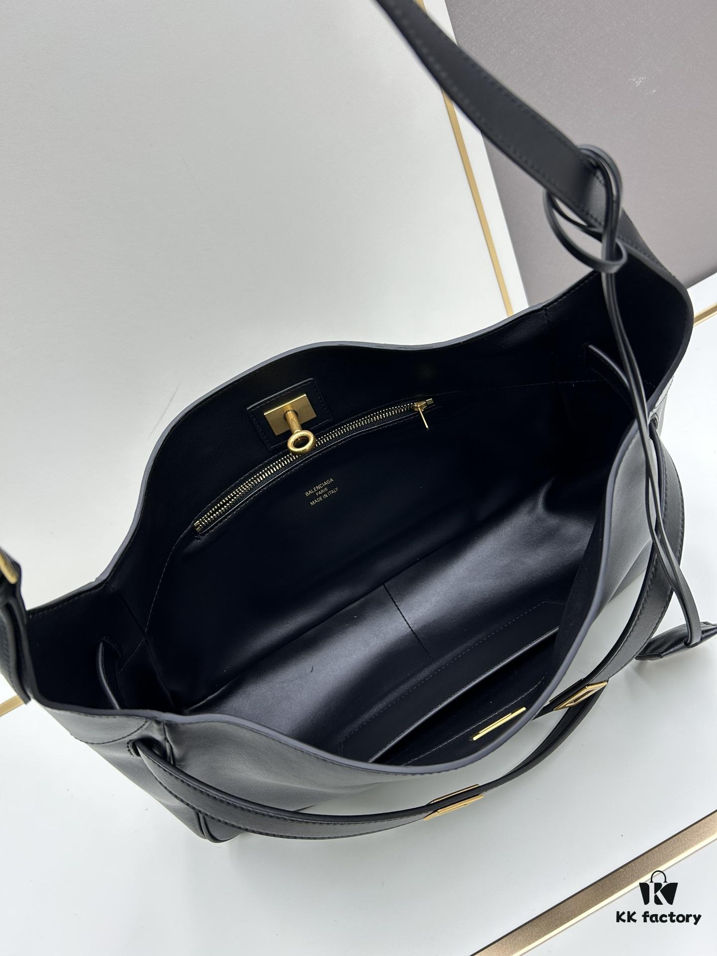 New BALENCIAGA Winter 24 Collection Re-See Shoulder Bucket Bag, Full-Grain Leather, Minimalist Luxury Design, Upcycled Motorbike Glove Handbag with Keyring Closure, Elegant and Edgy Style