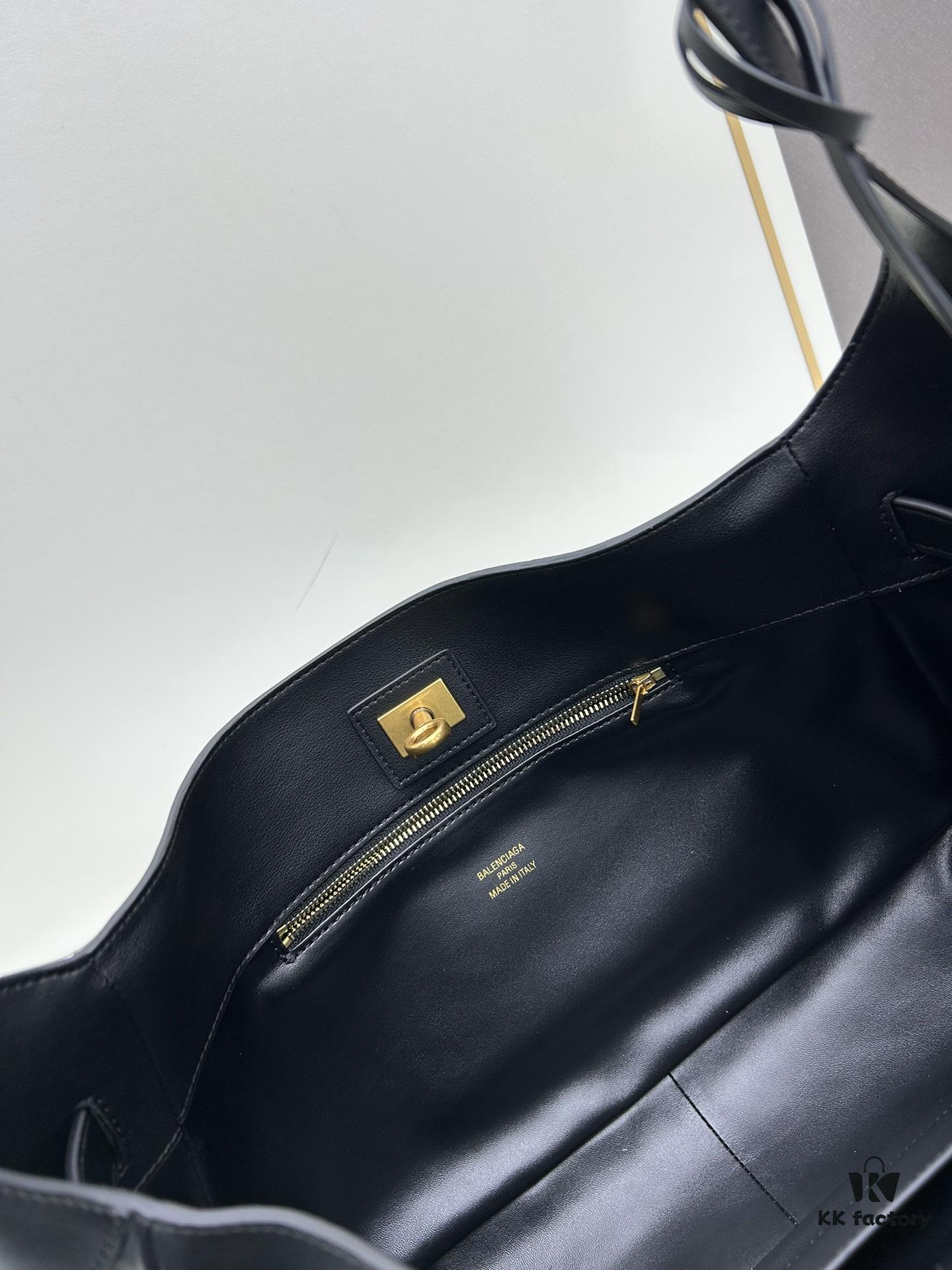 New BALENCIAGA Winter 24 Collection Re-See Shoulder Bucket Bag, Full-Grain Leather, Minimalist Luxury Design, Upcycled Motorbike Glove Handbag with Keyring Closure, Elegant and Edgy Style