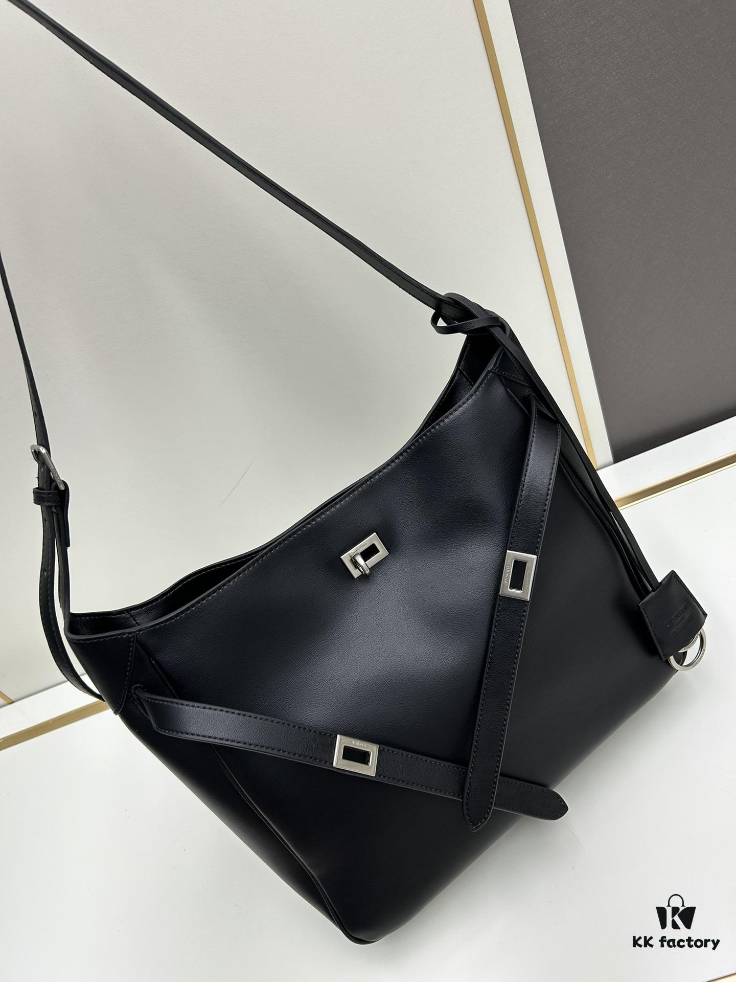New Balenciaga Winter 24 Collection Re-see Shoulder Bucket Bag, Full-Grain Leather, Minimalist Luxury Design, Upcycled Motorcycle Glove Handbag with Keychain Closure, Effortless Chic Style