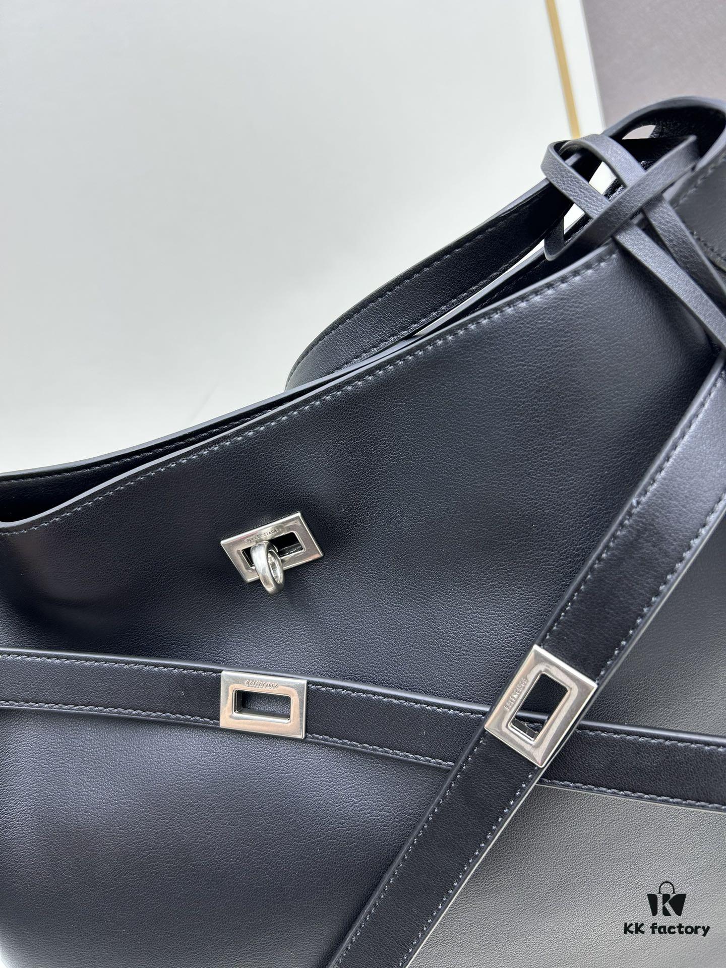 New Balenciaga Winter 24 Collection Re-see Shoulder Bucket Bag, Full-Grain Leather, Minimalist Luxury Design, Upcycled Motorcycle Glove Handbag with Keychain Closure, Effortless Chic Style