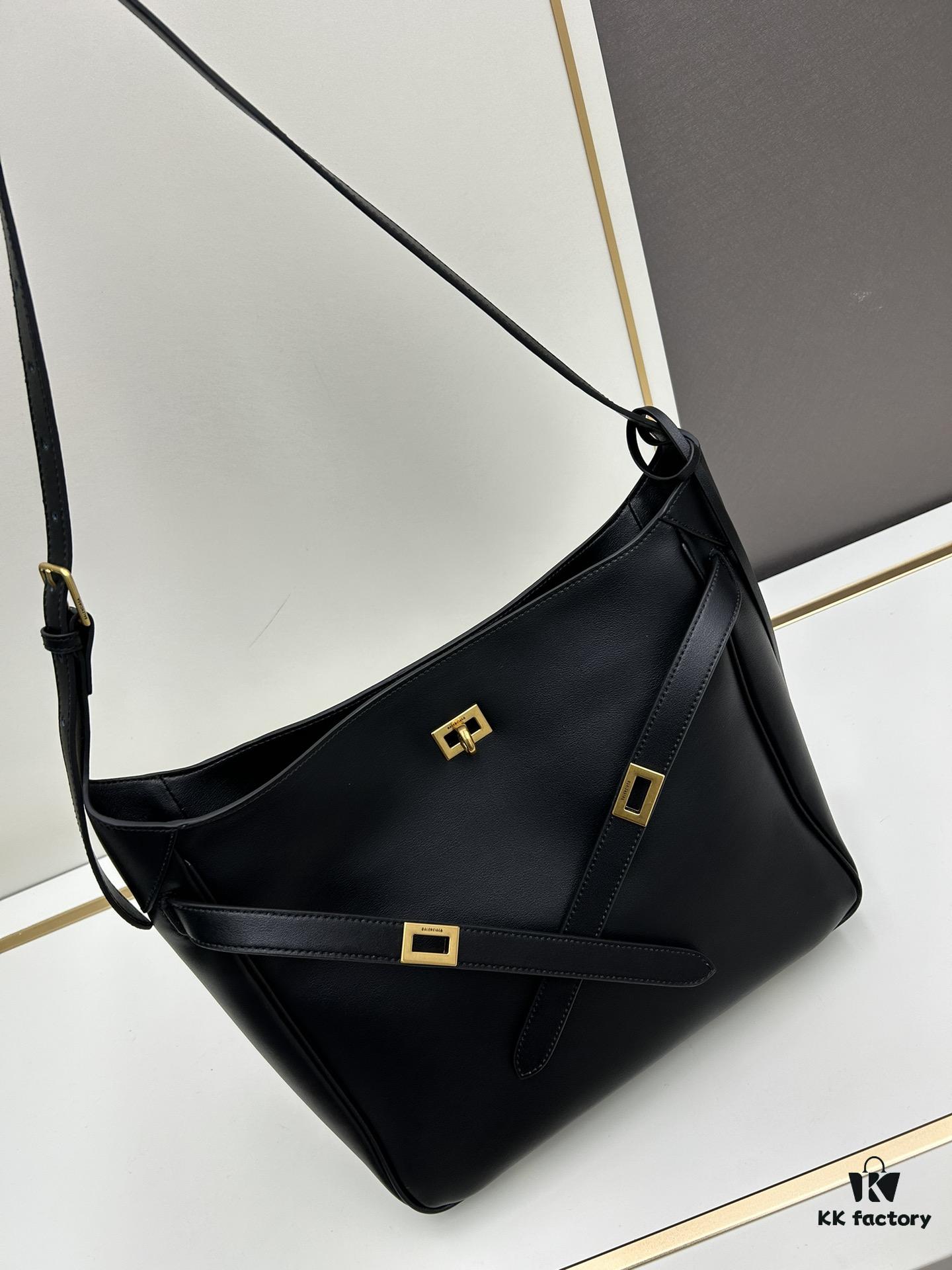 New Balenciaga Winter 24 Collection Re-see Handbag, Shoulder Bucket Bag in Full-Grain Leather, Minimalist Luxury Design Upcycled from Motorcycle Gloves with Keychain Closure, Effortlessly Chic Oversized Look
