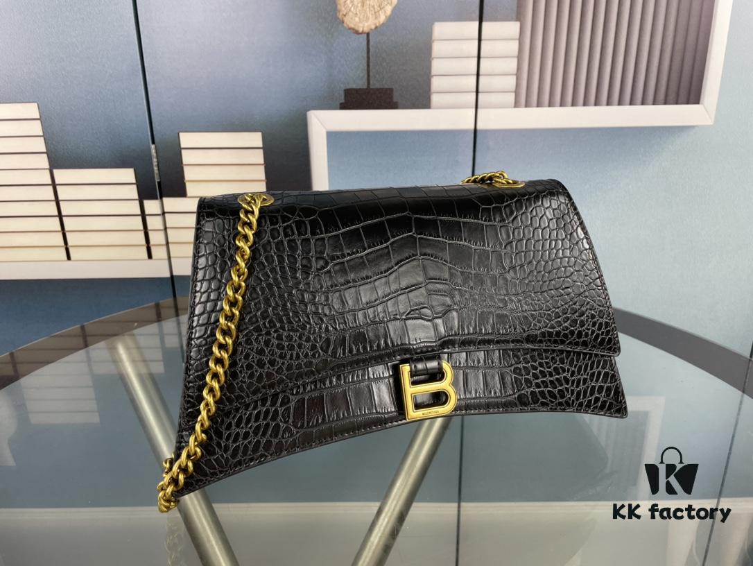 Balenciaga New Arrival Large and Small 230 Chain Hourglass Bag, Crocodile Texture, Cracked Calfskin Leather, Waxed Leather