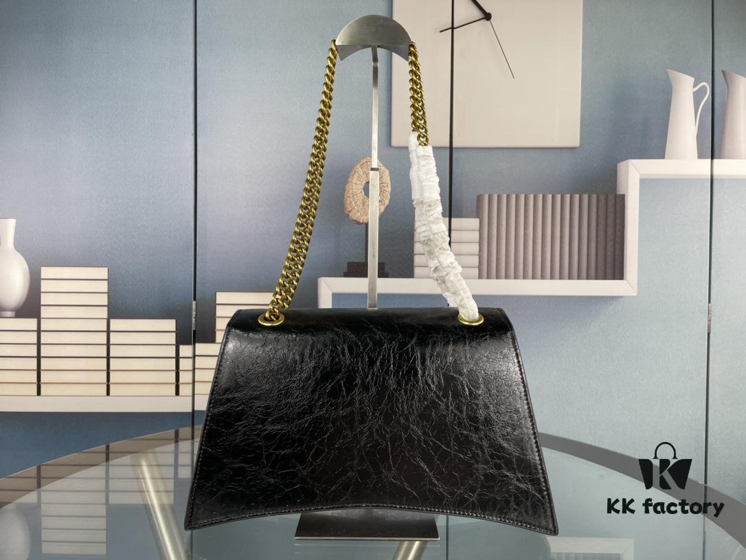 Balenciaga New Arrival Large Chain Hourglass Bag, Cracked Texture Calfskin, Wax Oil Leather