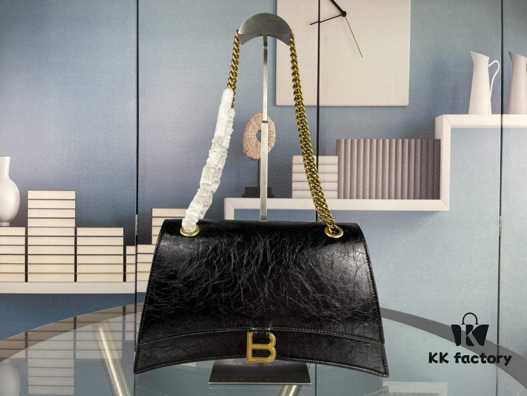 Balenciaga New Arrival Large Chain Hourglass Bag, Cracked Texture Calfskin, Wax Oil Leather