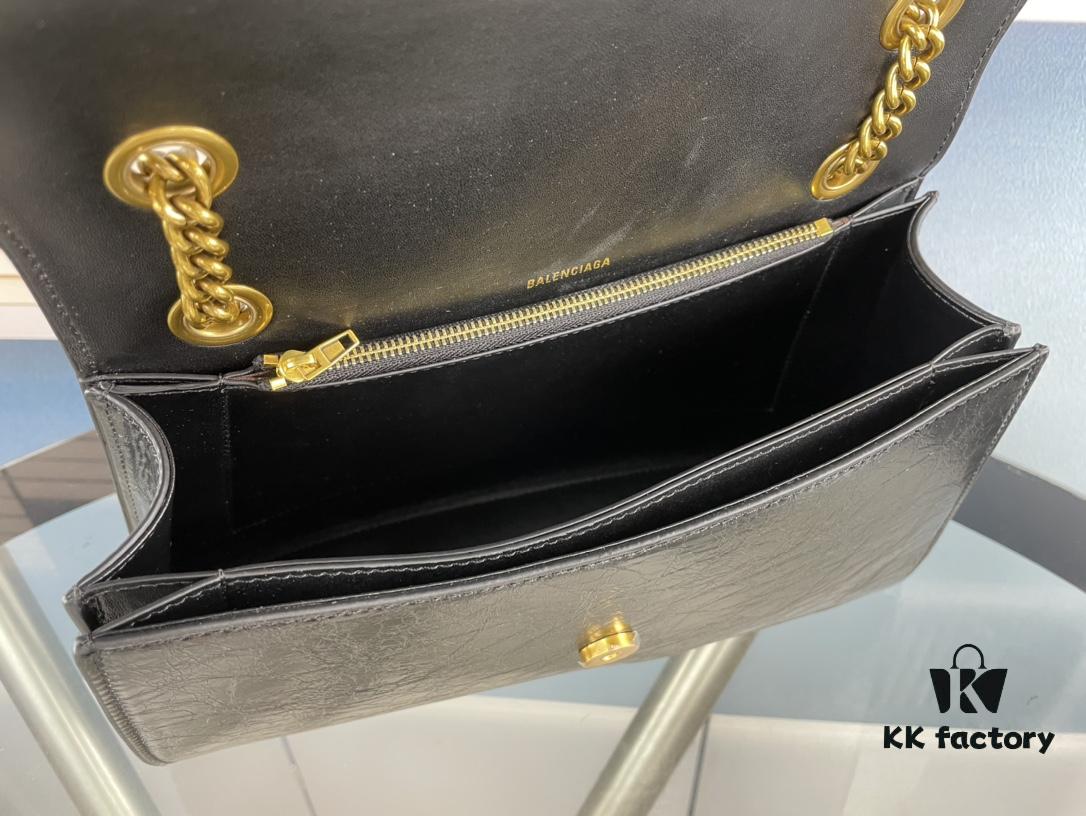 Balenciaga New Arrival Large Chain Hourglass Bag, Cracked Texture Calfskin, Wax Oil Leather