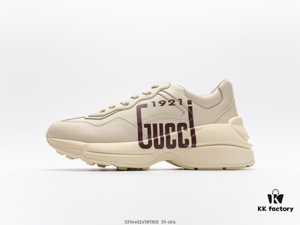 Gucci Rhyton Vintage Trainer Sneaker, Distressed Leather Retro Running Shoes, Italian Handmade Original Last, Calfskin Upper, Lambskin Lining, TPU Sole with Wear-Resistant Foam