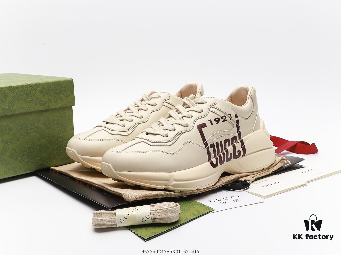 Gucci Rhyton Vintage Trainer Sneaker, Distressed Leather Retro Running Shoes, Italian Handmade Original Last, Calfskin Upper, Lambskin Lining, TPU Sole with Wear-Resistant Foam