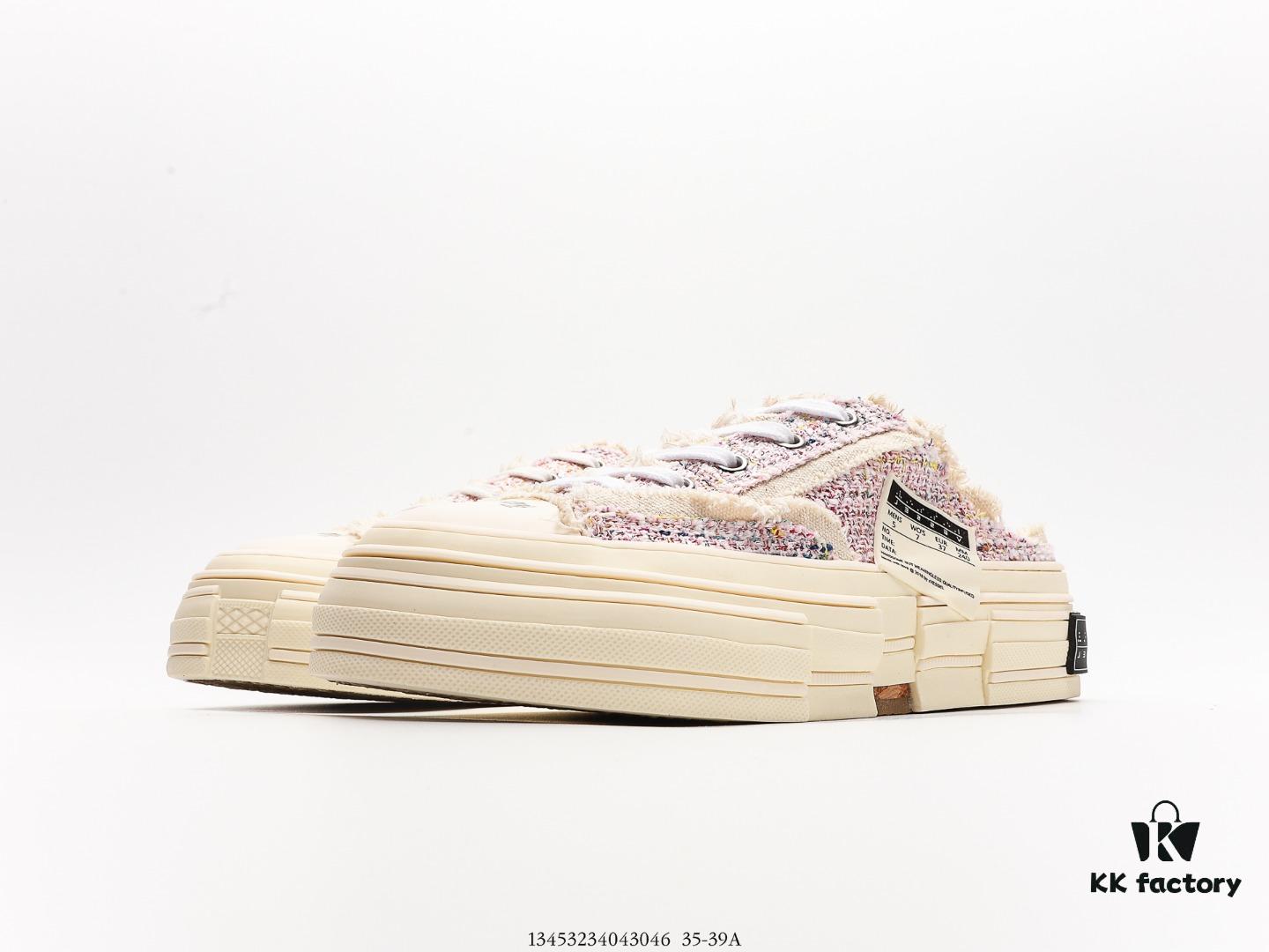 XVESSEL G.O.P. Low Unisex Deconstructed Overlapping Platform Canvas Vulcanized Shoes with Cork Insole - Handcrafted Multi-layer Collar, Aged Tassel Design, 12oz Durable Canvas Fabric