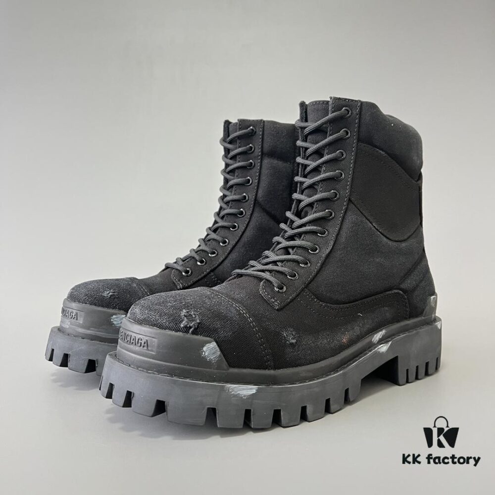 Balenciaga Strike 20mm Distressed Cotton Canvas Lace-Up Black Ankle Boots