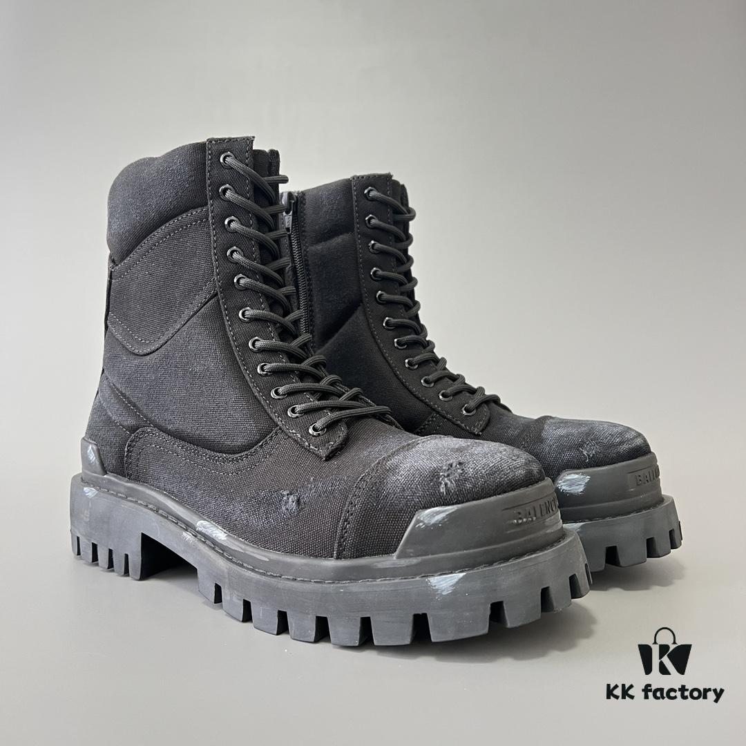 Balenciaga Strike 20mm Distressed Cotton Canvas Lace-Up Black Ankle Boots