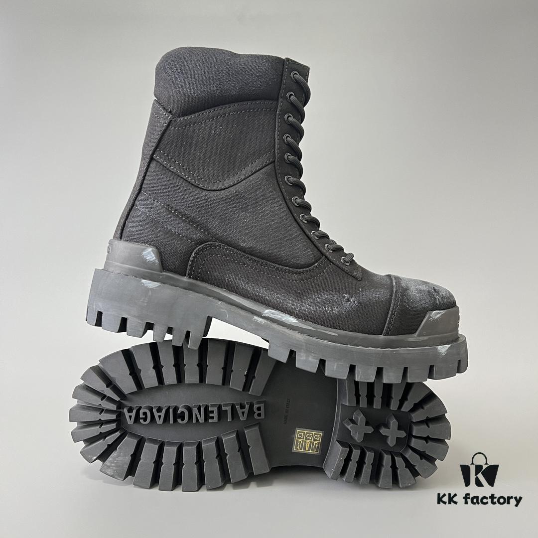 Balenciaga Strike 20mm Distressed Cotton Canvas Lace-Up Black Ankle Boots