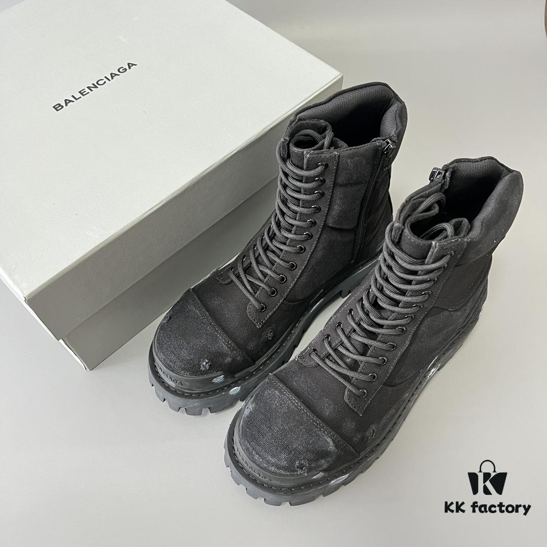 Balenciaga Strike 20mm Distressed Cotton Canvas Lace-Up Black Ankle Boots