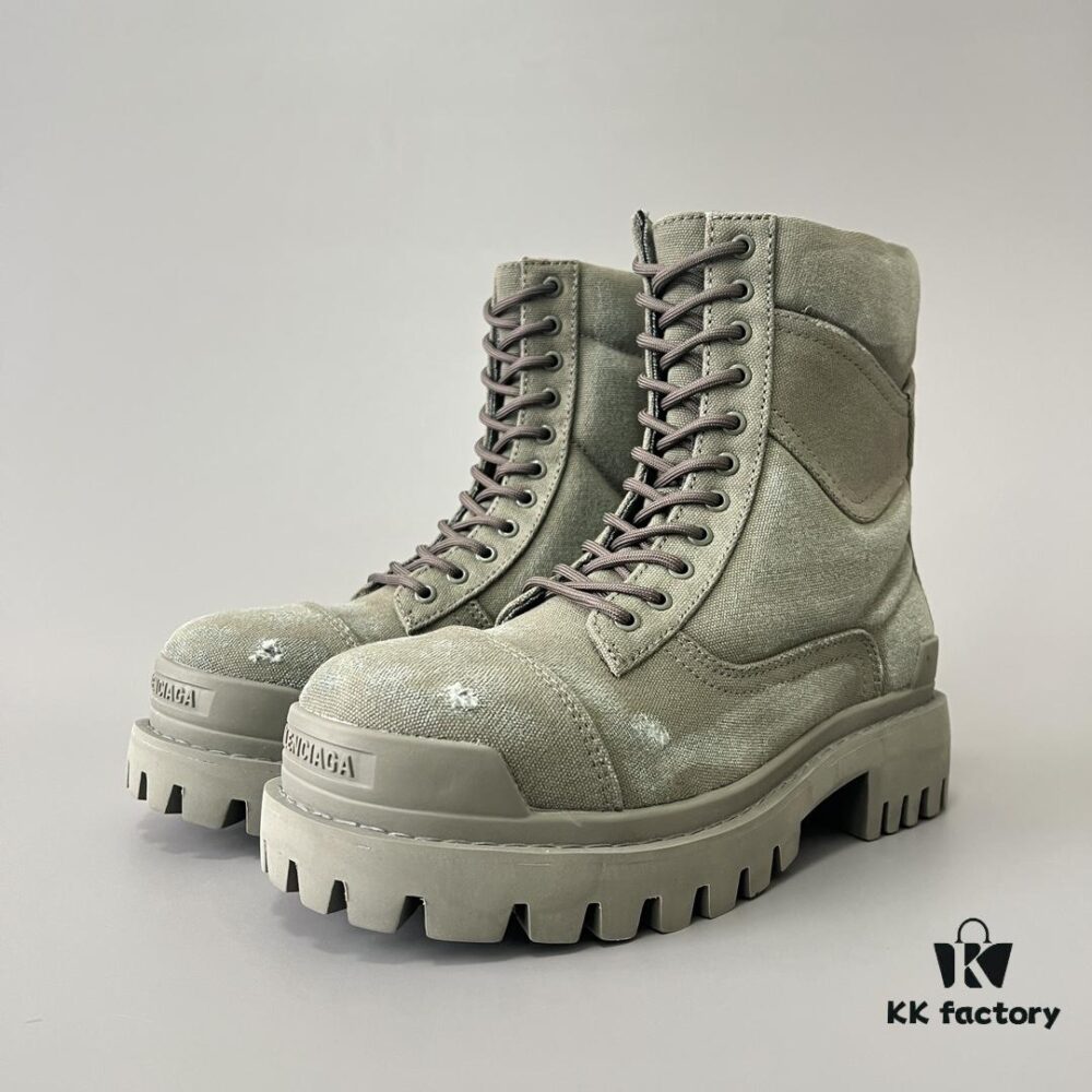 Balenciaga Strike 20mm Distressed Cotton Canvas Lace-Up Gray-Green Ankle Boots