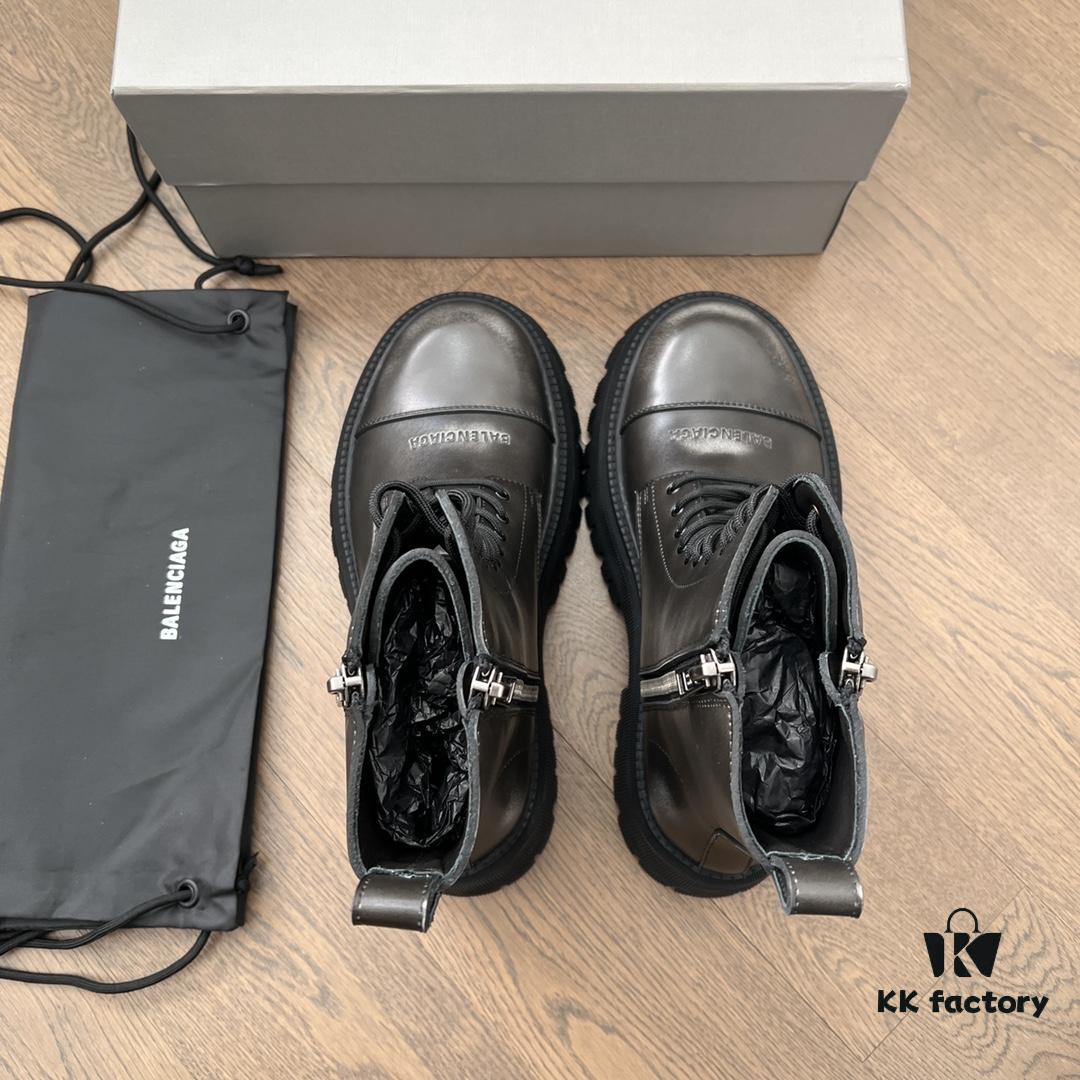 Balenciaga Tractor Leather Lace-Up Short Boots with Thick Sole and Distressed Detail
