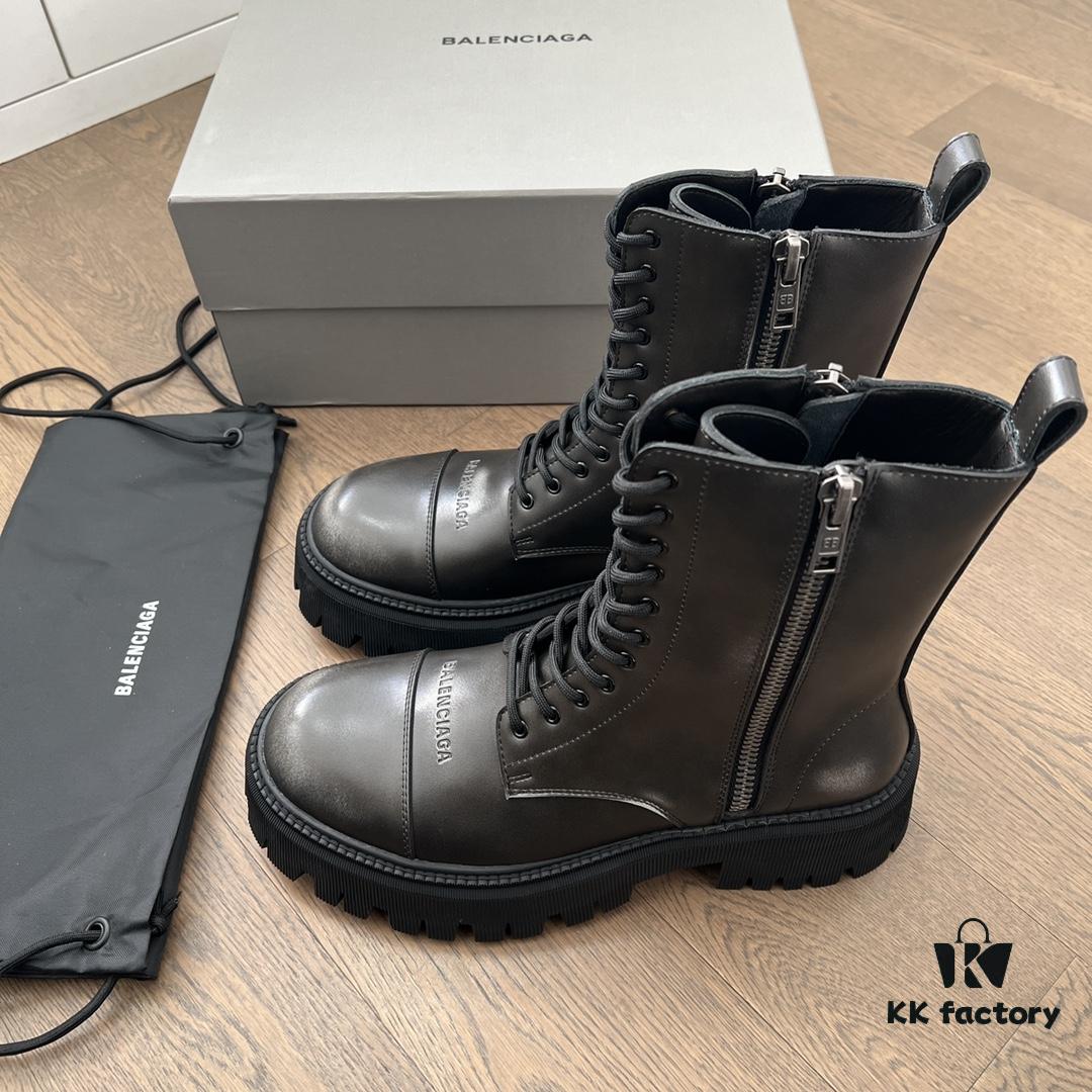 Balenciaga Tractor Leather Lace-Up Short Boots with Thick Sole and Distressed Detail