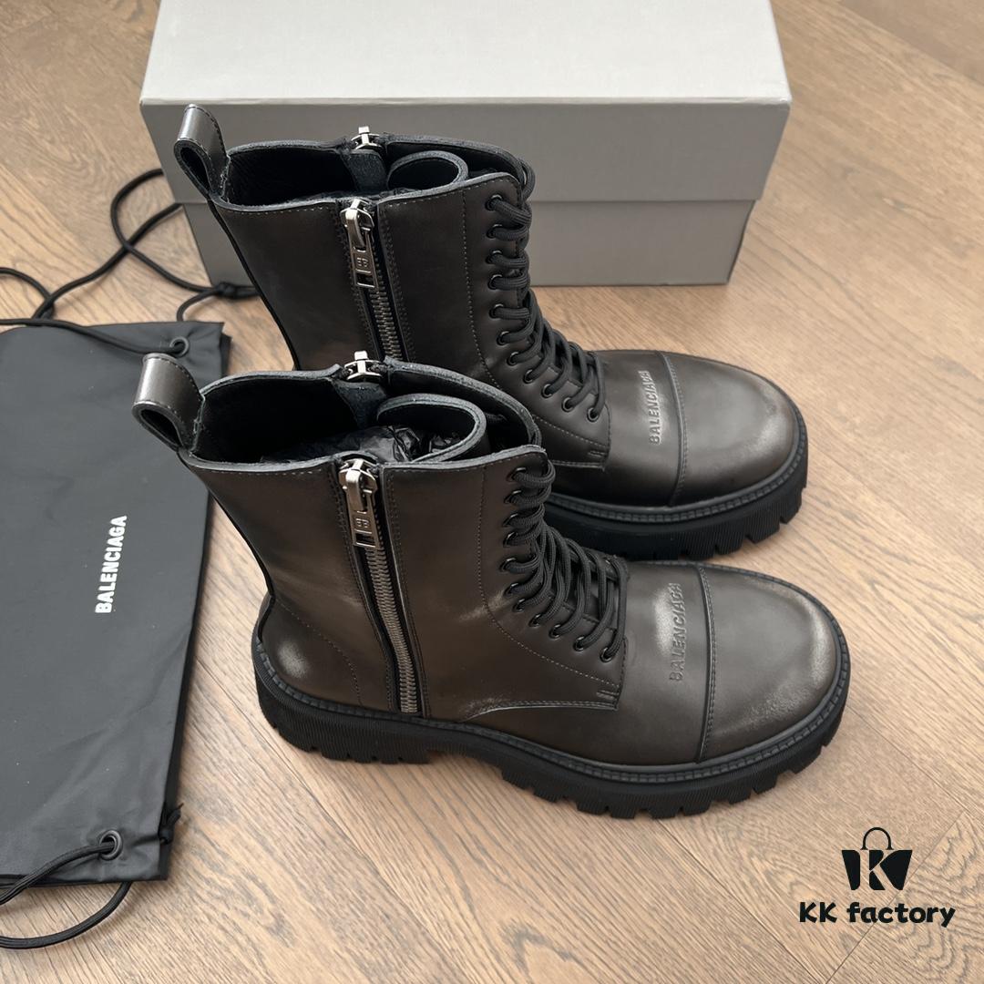 Balenciaga Tractor Leather Lace-Up Short Boots with Thick Sole and Distressed Detail