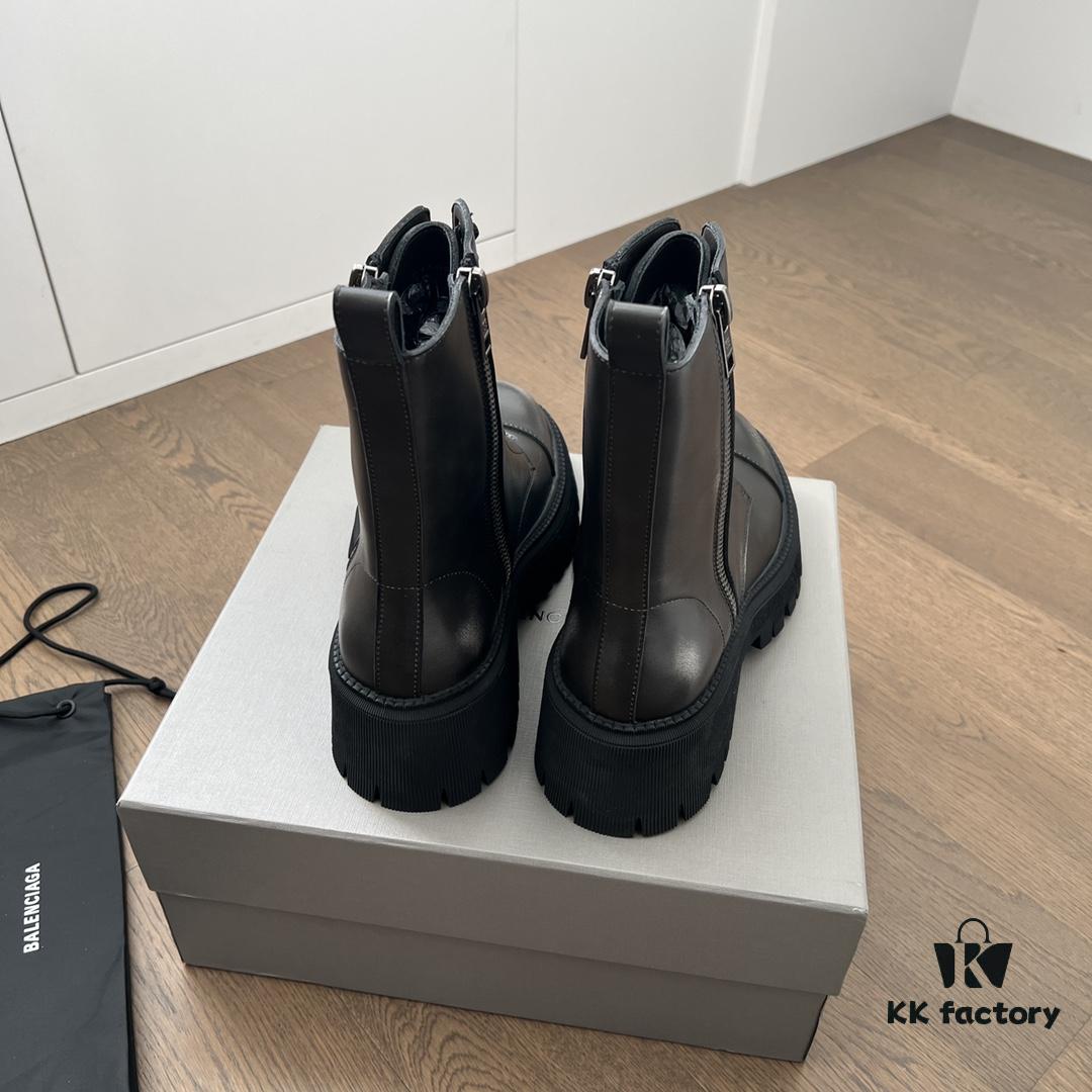 Balenciaga Tractor Leather Lace-Up Short Boots with Thick Sole and Distressed Detail