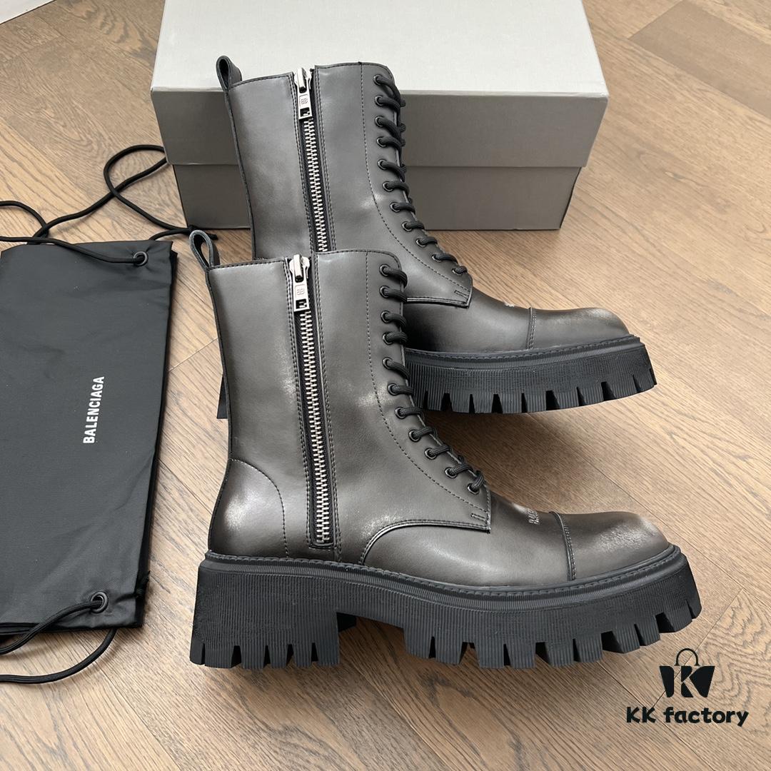Balenciaga Tractor Leather Lace-Up Short Boots with Thick Sole and Distressed Detail