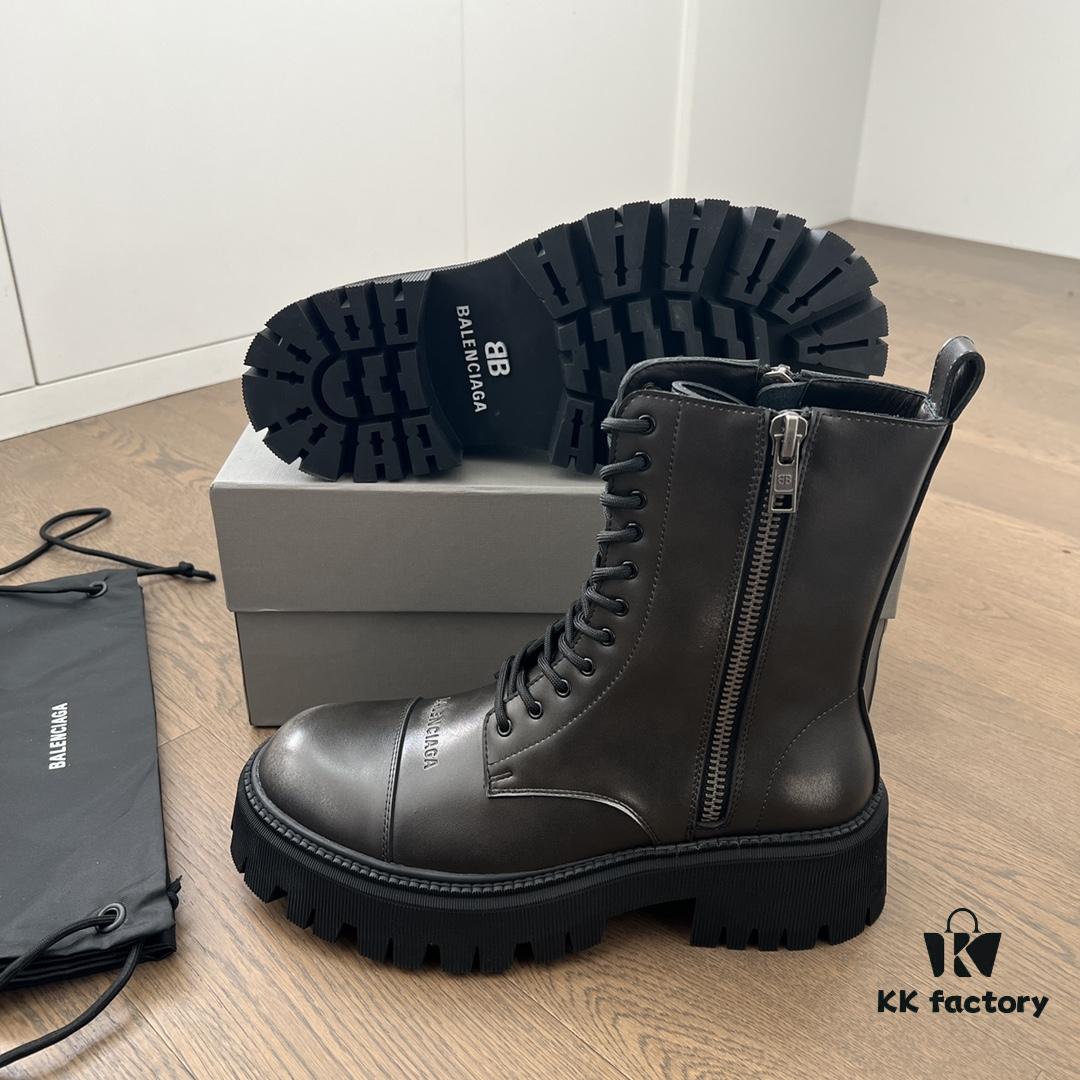 Balenciaga Tractor Leather Lace-Up Short Boots with Thick Sole and Distressed Detail